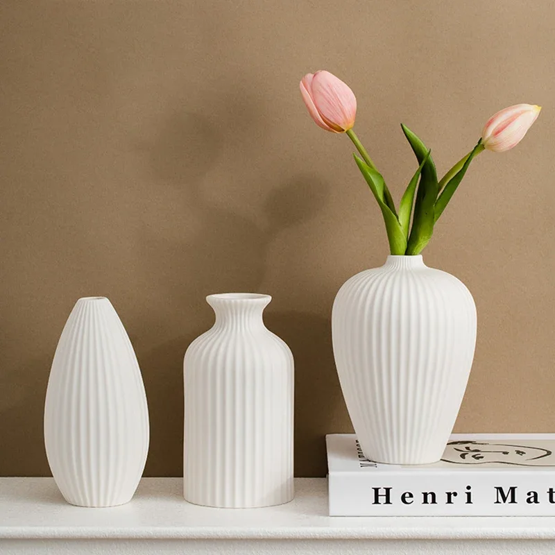 Nordic Ceramic Vase White Frosted Striped Small Flower Porcelain Minimalist Home Decor Living Room Flower Art Decoration