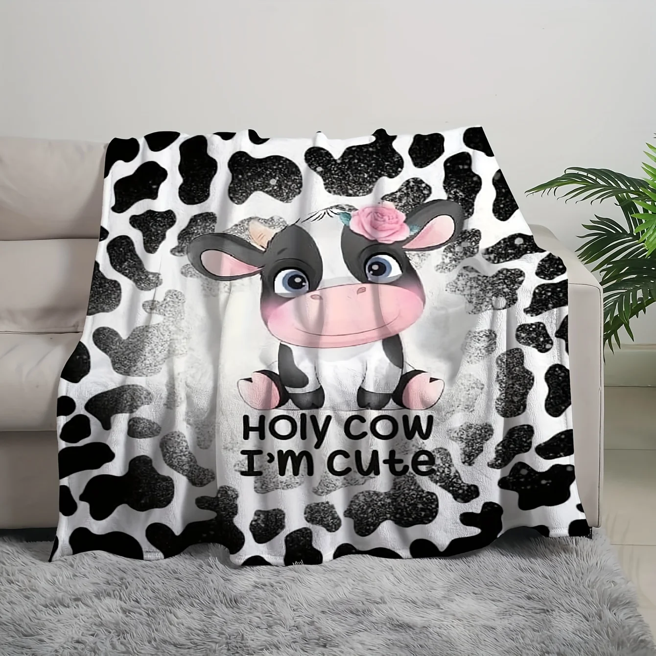 Contemporary Digital Printed Flannel Throw Blanket, Cow Element, Reversible, All Seasons, for Office, Sofa, Bedroom