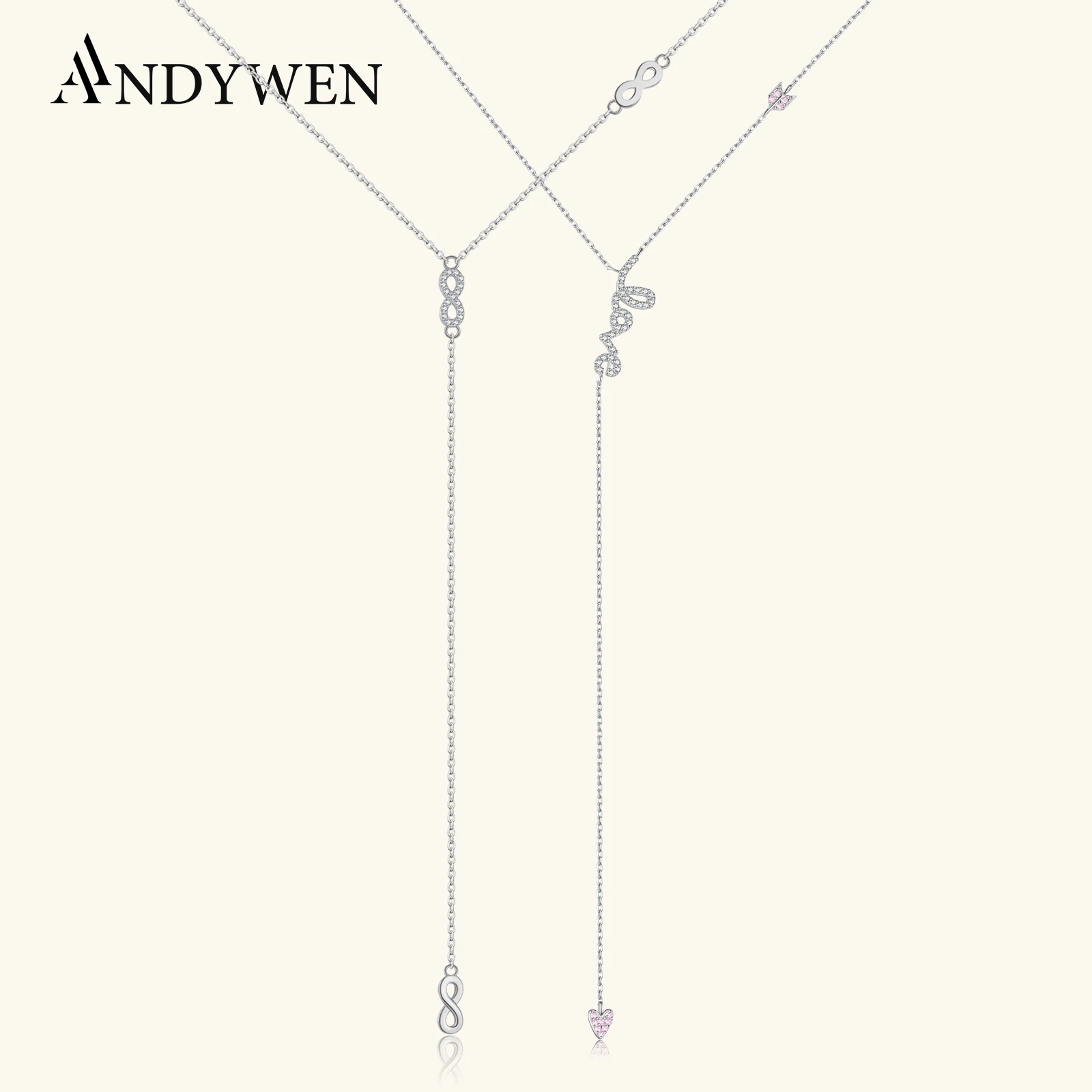 ANDYWEN 925 Sterling Silver Zircon Infinity and Heart Symbols Love Y-Shaped Necklace 2025 Valentiens's Day Fine Gift Jewelry