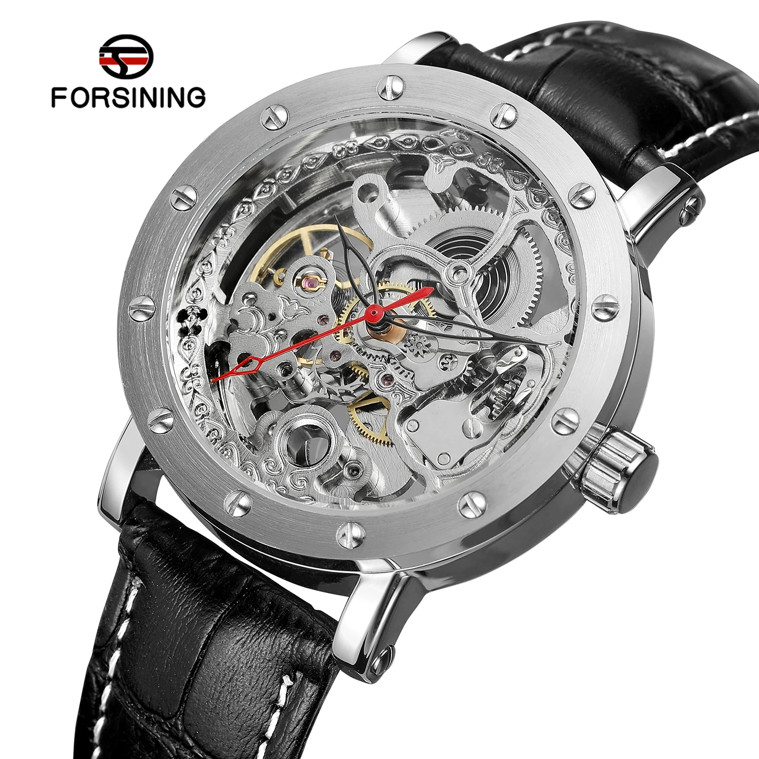FORSINING Trendy Classic Mens Watches Engraving Automatic Mechanical Rivet Inlay Case Leather Strap Luxury Business Wristwatches