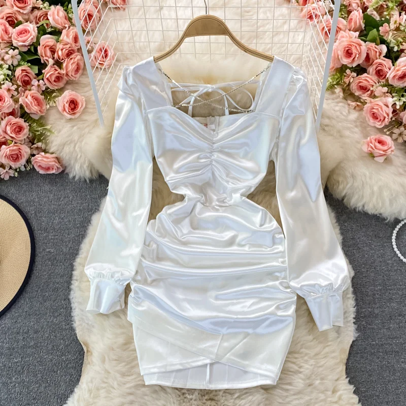 Long Sleeve Bodycon Dress Women Solid Criss-Cross Chain Front V-Neck Sexy Party Dress 2024 Spring Fashion Folds Mini Satin Dress