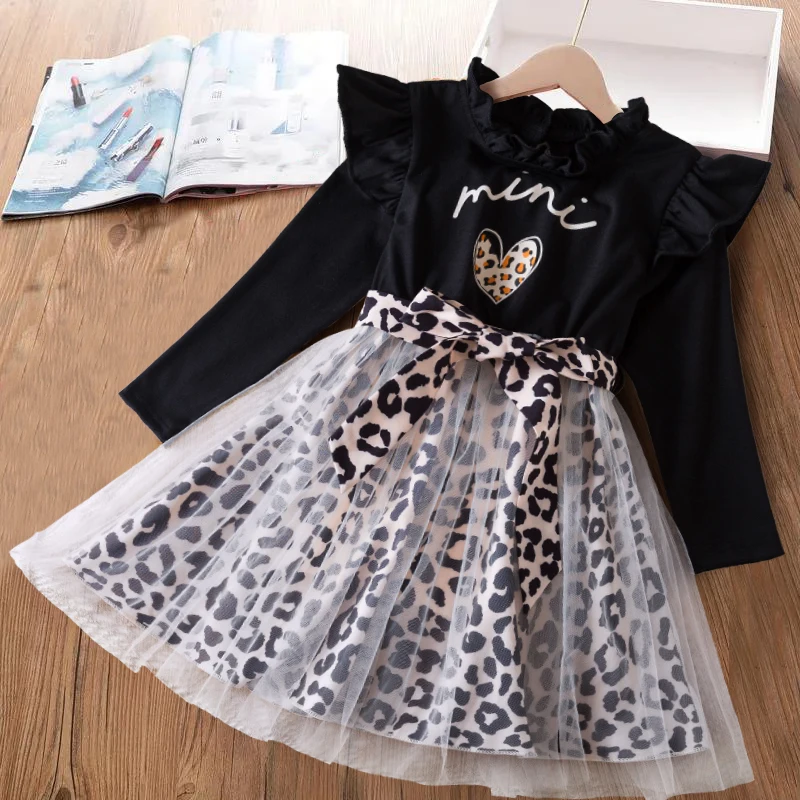 2024 New Girls Long Sleeve Clothes Autumn Winter Polka Dot Leopard Print Mesh Dress Children Birthday Party Princess Dress 3-8Ys