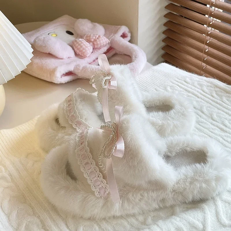 Cute Fluffy Slippers Women Winter Pink Bow Bead String Decoration Home Slippers for Sweet Girls Cozy Fuzzy Indoor Shoes