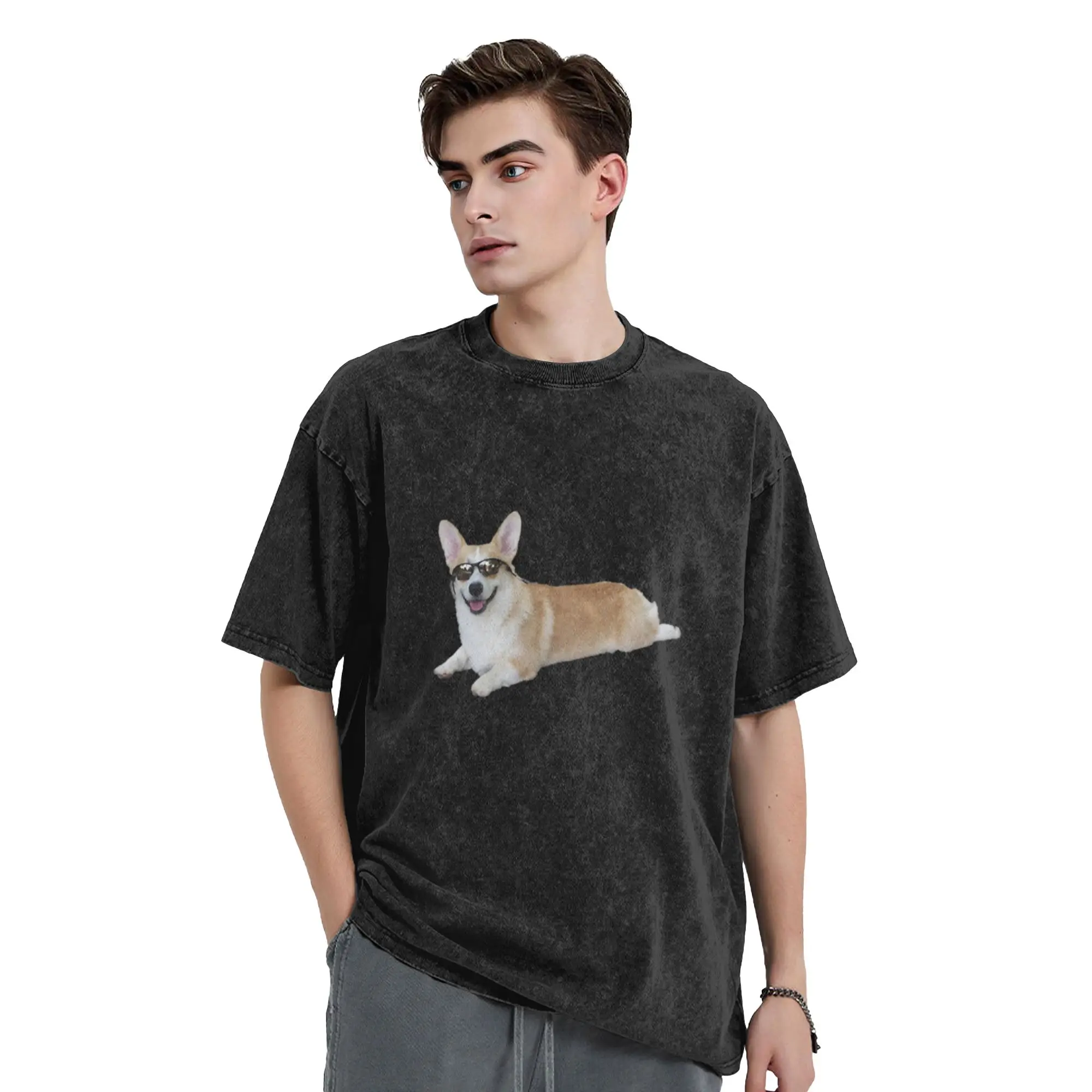 Cool Corgi Sticker Unique Comfort A Washed T Shirt Men's Women's Oversized Cotton Tees Tops