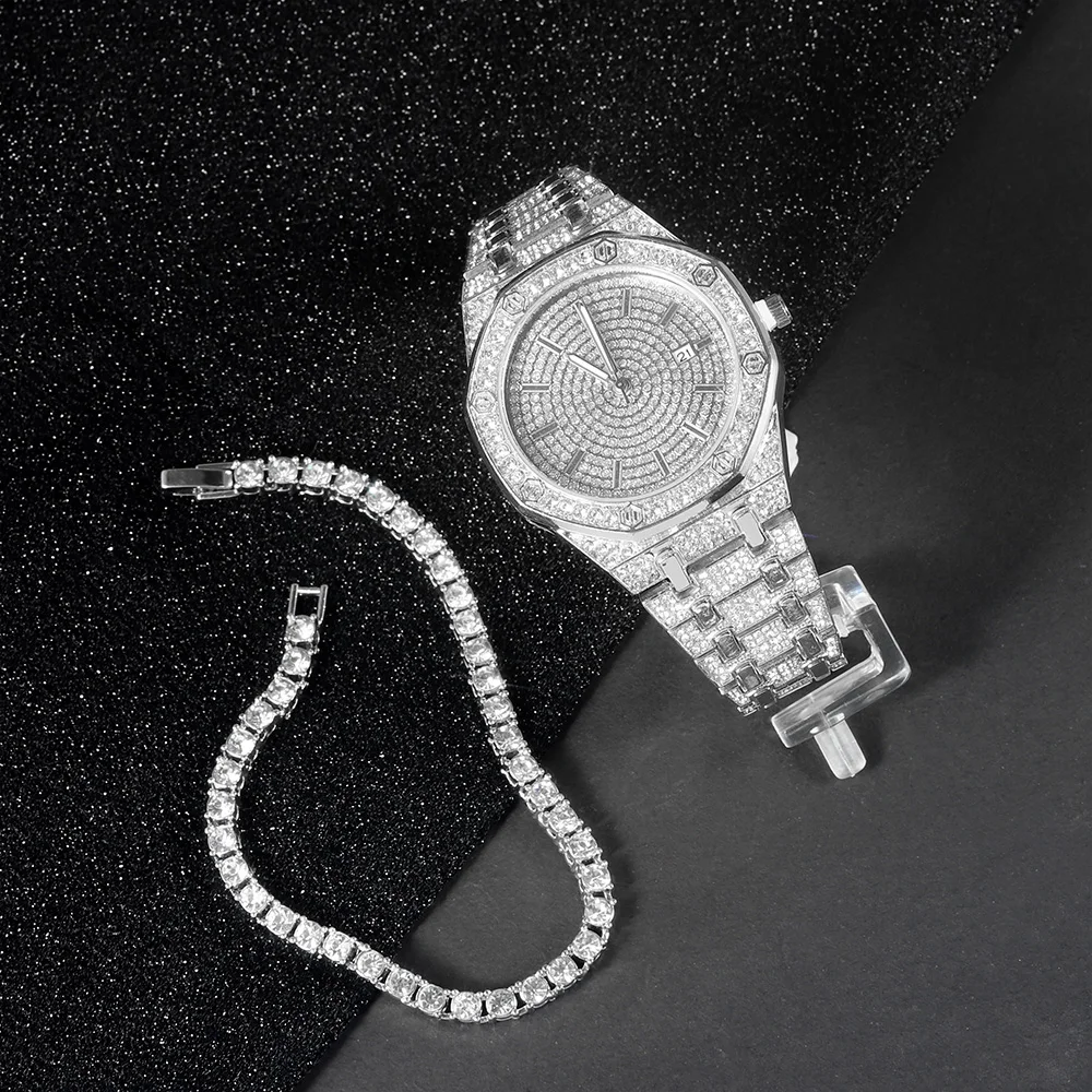 Conjunto de joyería de reloj plateado para hombre, reloj octagonal con incrustaciones de diamantes Punk de Hip-hop + pulsera de cadena de tenis, conjunto de regalo elegante para hombre y mujer, 2 uds.