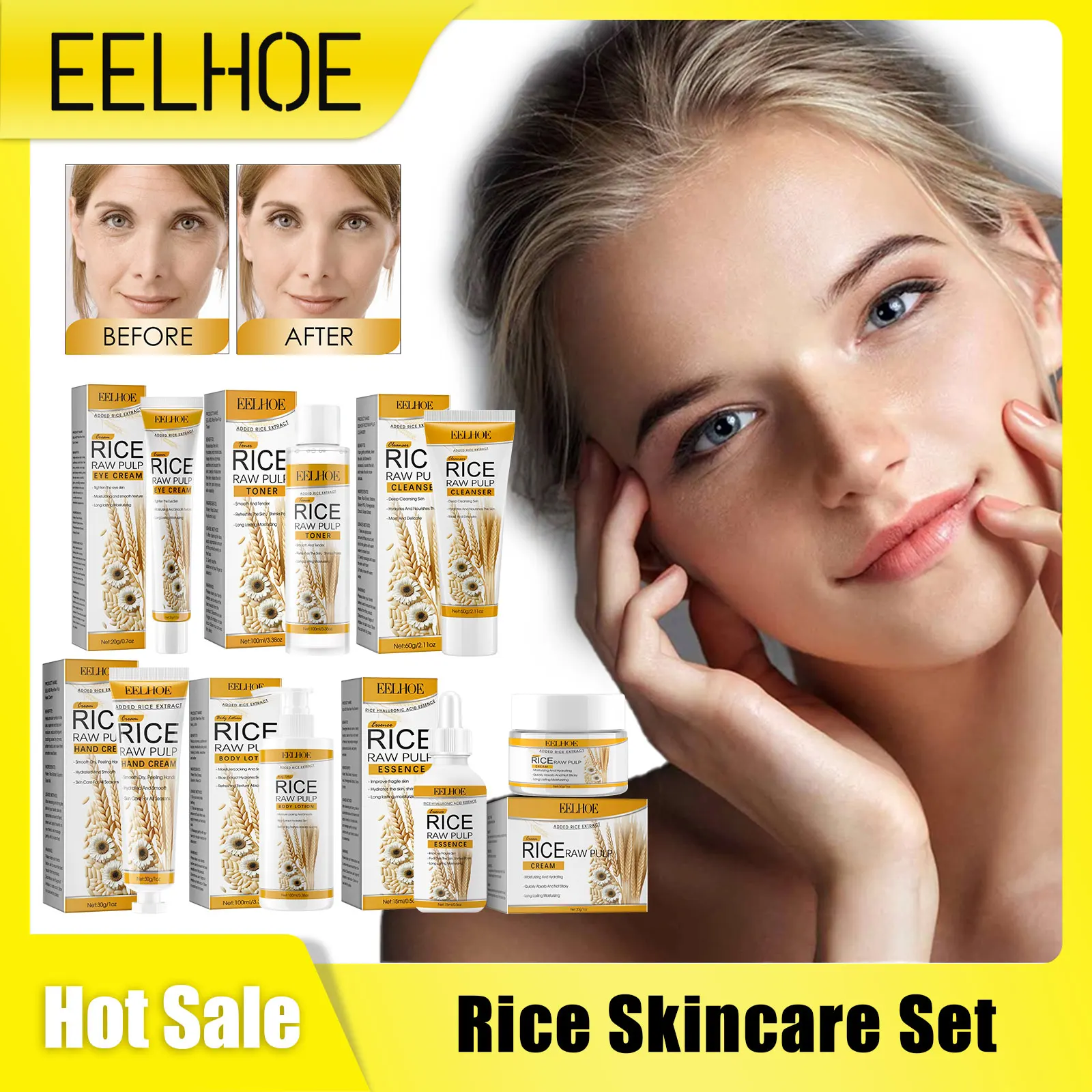 

EELHOE Rice Skincare Set Facial Moisturizer Oily Skin Rejuvenation Glow Whitening Facial Cream Shrink Pores Rice Water Skincare