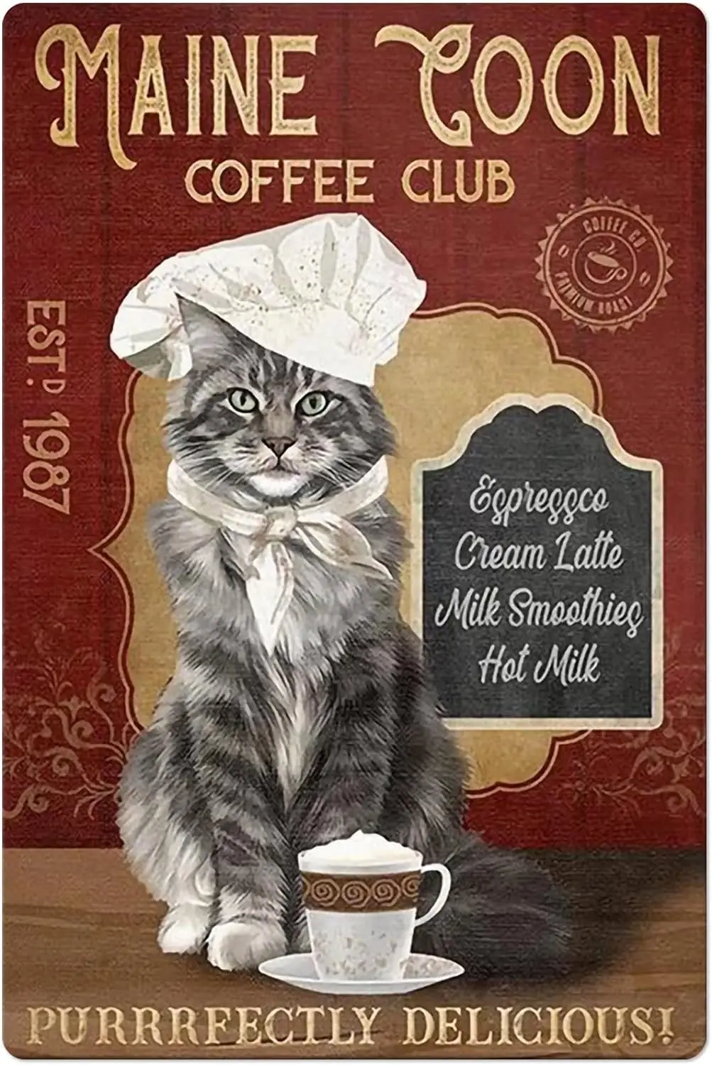 Maine Coon Coffee Club Metal Tin Sign,Purrrfectly Delicious Garage Man Cave Decoration Club Bar Sign Novelty and Interesting Bat