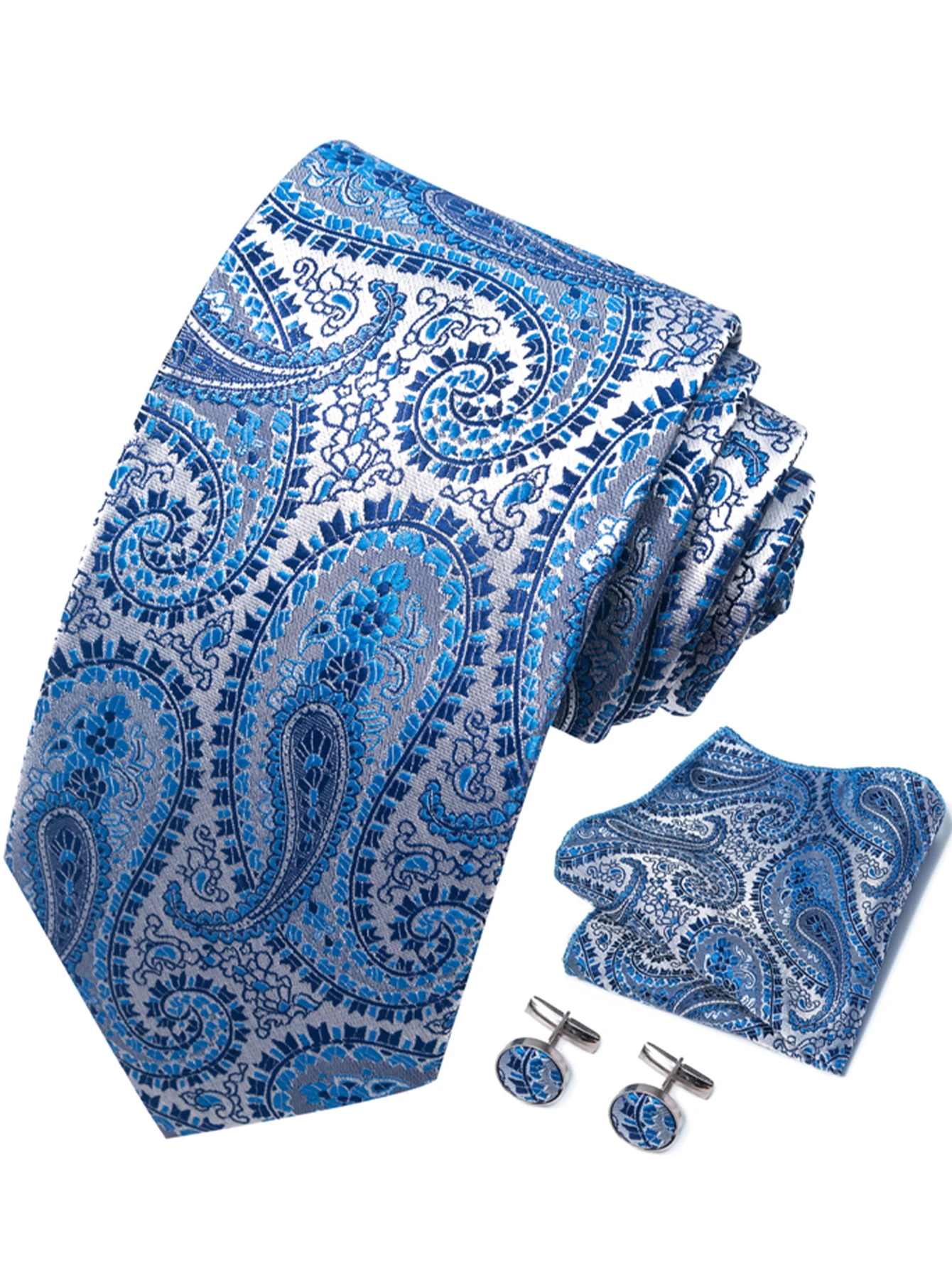 3-teiliges Herrenanzug-Accessoire-Set: Herrenkrawatte, Einstecktuch und Manschettenknöpfe, geeignet für formelle Geschäftsanlässe und Hochzeiten – Detail 1
