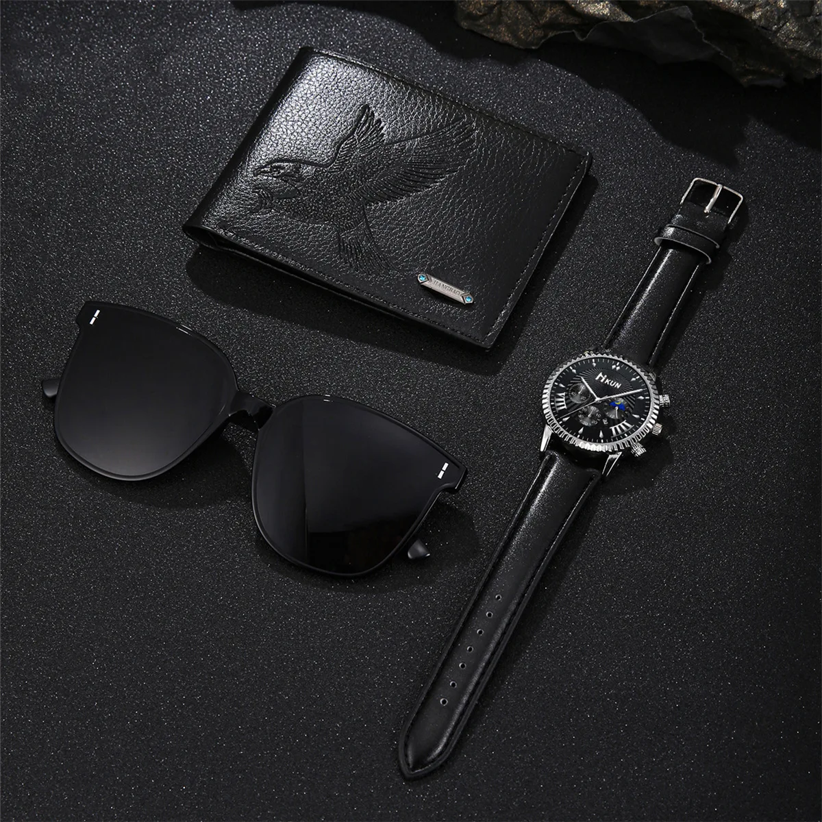 Relógio de movimento de quartzo versátil masculino, óculos de sol bonito, carteira casual, presente perfeito para festa 3 peças