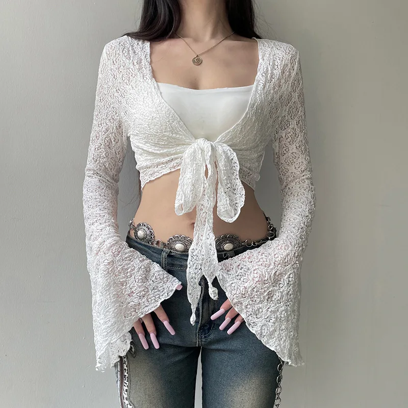 

Europe and the United States sexy spice lace see-through speaker long sleeve sunscreen shirt V-neck strap knit cardigan top