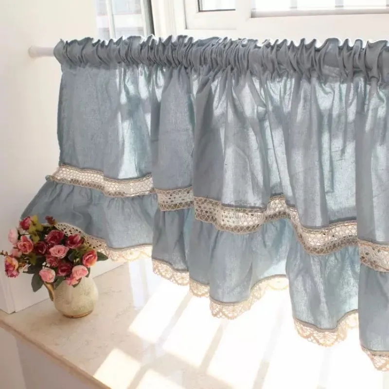 Blue Lace Juxtaposition Hem Short Coffee Curtain half curtain kitchen curtain door living room bedroom drape New arrive