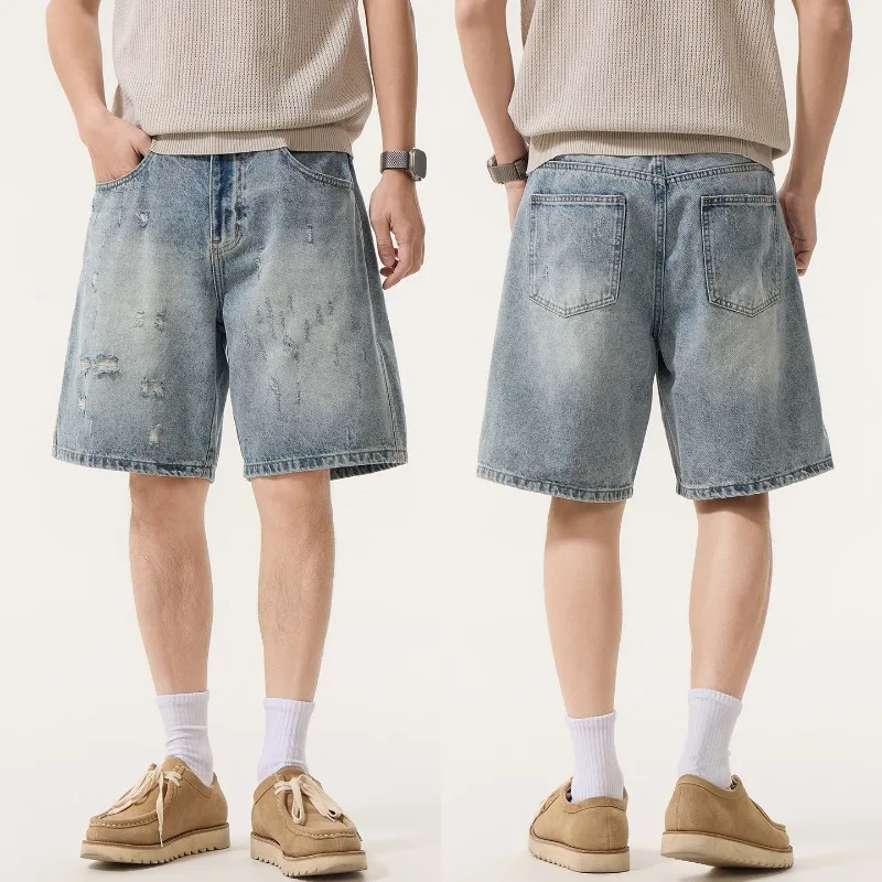 

Men's Loose Ripped Denim Shorts 2026 Summer New Japanese Streetwear Washed Casual Male Light Blue Wide Leg Denim Short