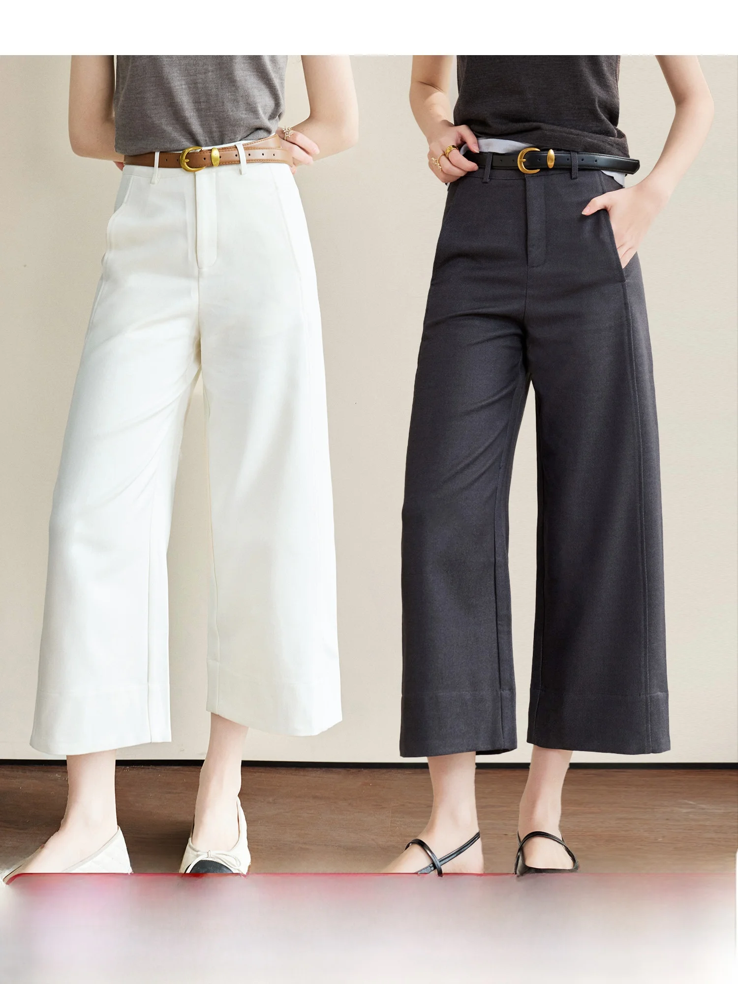 

Classic Women's Casual Pants Long Legs Seven-Foot Woolen Yarn Wide Leg Spring Pants High Waist Button Polyester Fiber