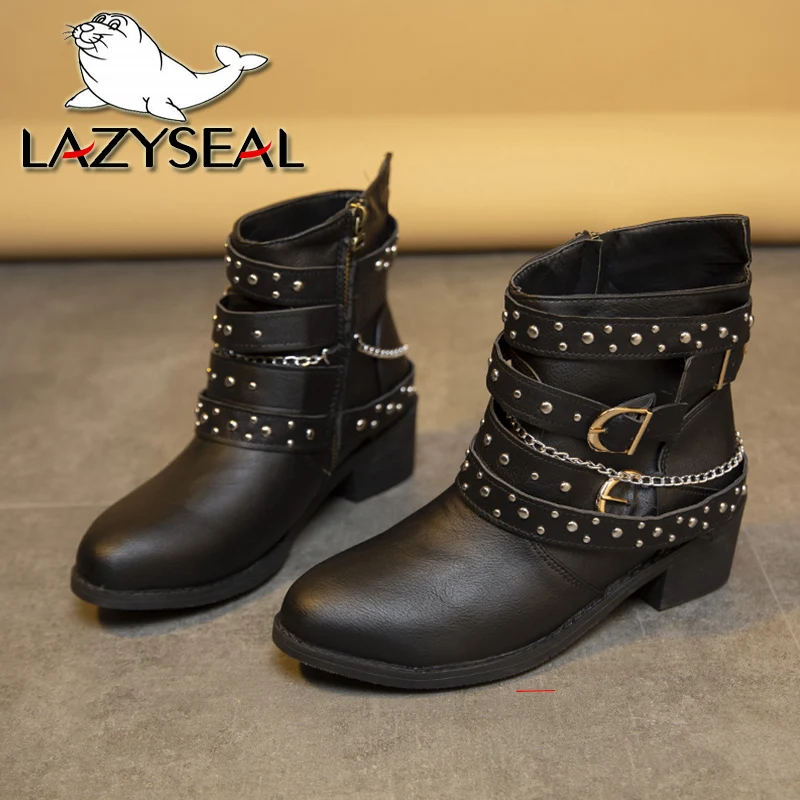 Lazyseal Square Heel Women Motorcycle Boots Rivet Zip Design Ankle Boot For Women Street Style Female Shoes Size 43 Western Boot