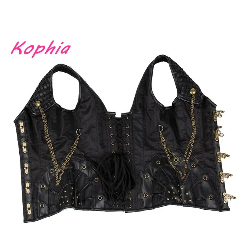 High Quality 12 Steel Bone Rivet Chain Gothic Steampunk Corset Woman\'s Vest Top Waist Control Leather Sexy Corsets and Bustiers