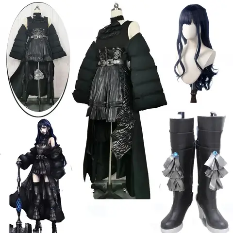 Game Final Fantasy XIV FF14 Gaia Cosplay Costume Dark Psychic Black Combat Uniform Women Men Halloween Role Play Wig Shoes Prop
