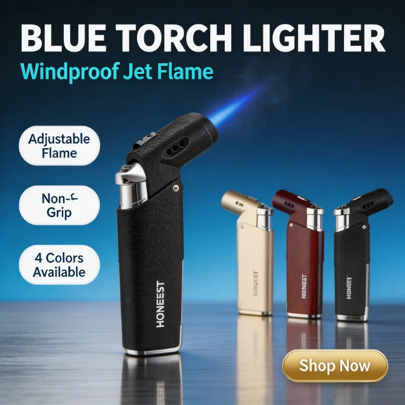Honest Outdoor BBQ Butane Torch Lighter, Windproof Turbo Jet Two‑Way Flame, Metal Smoking Gadget for Cigar and Cigarette