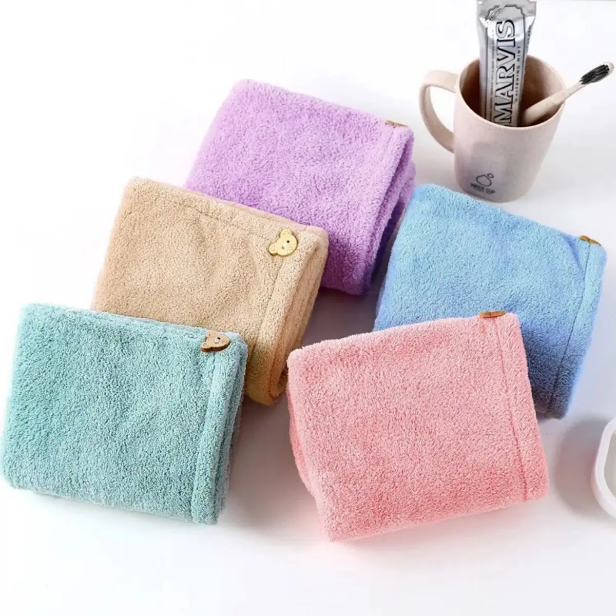 1pc Anti-Frizz Microfiber Hair Towel with Button Quick Drying &Super Absorbent