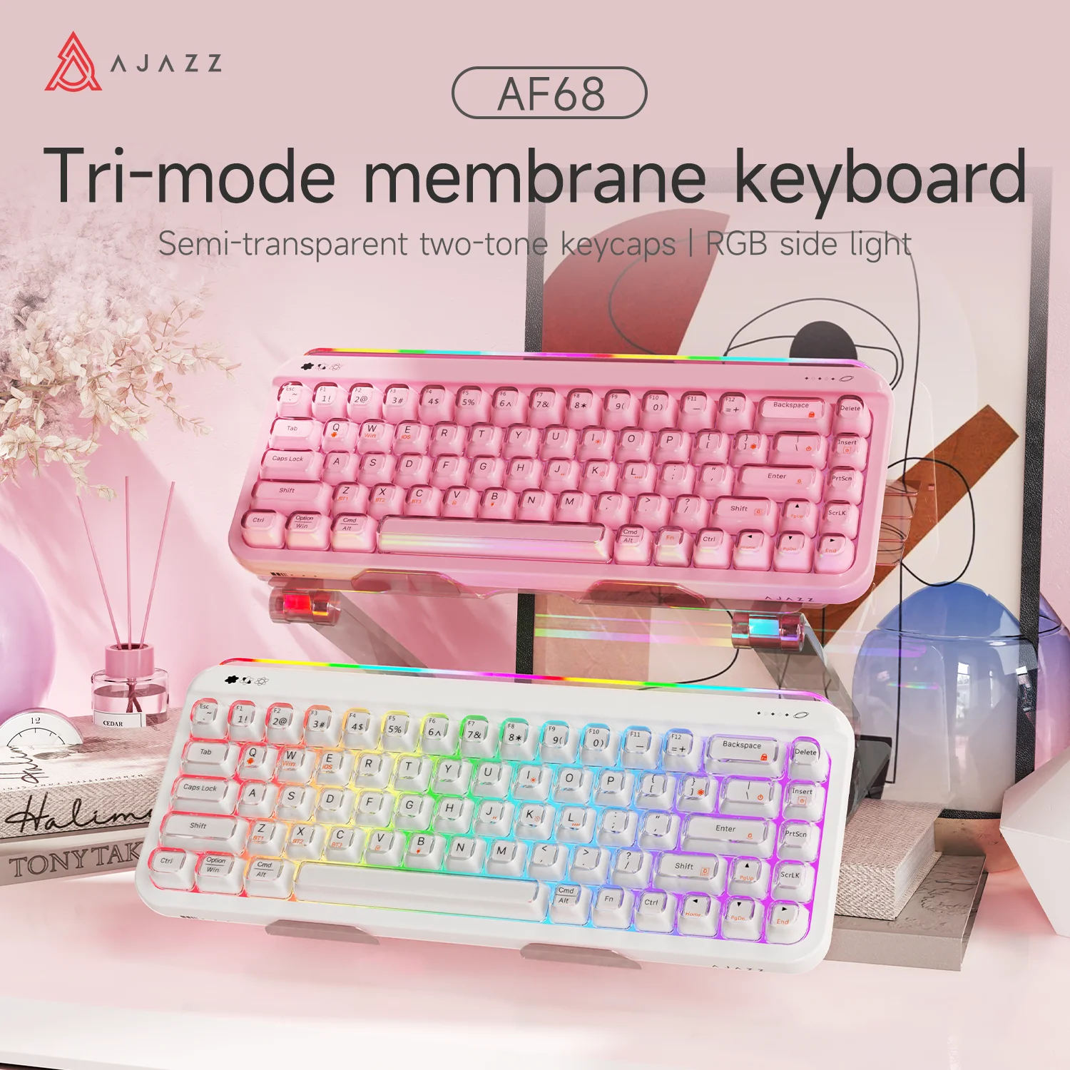 AJAZZ AF68 68キー トリプルモード ワイヤレスキーボード、RGBネオンライト 4000mAh ミニキーボード ノートパソコン Mac Android対応 素晴らしいギフトの選択