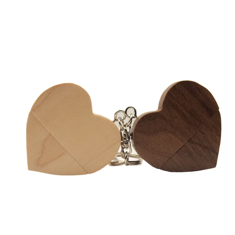 50pcs Free Custom Logo Walnut Wooden Heart + Gift Box USB Flash Drive Creative Pendrive 8GB 16GB 32GB 64GB Memory Stick U Disk