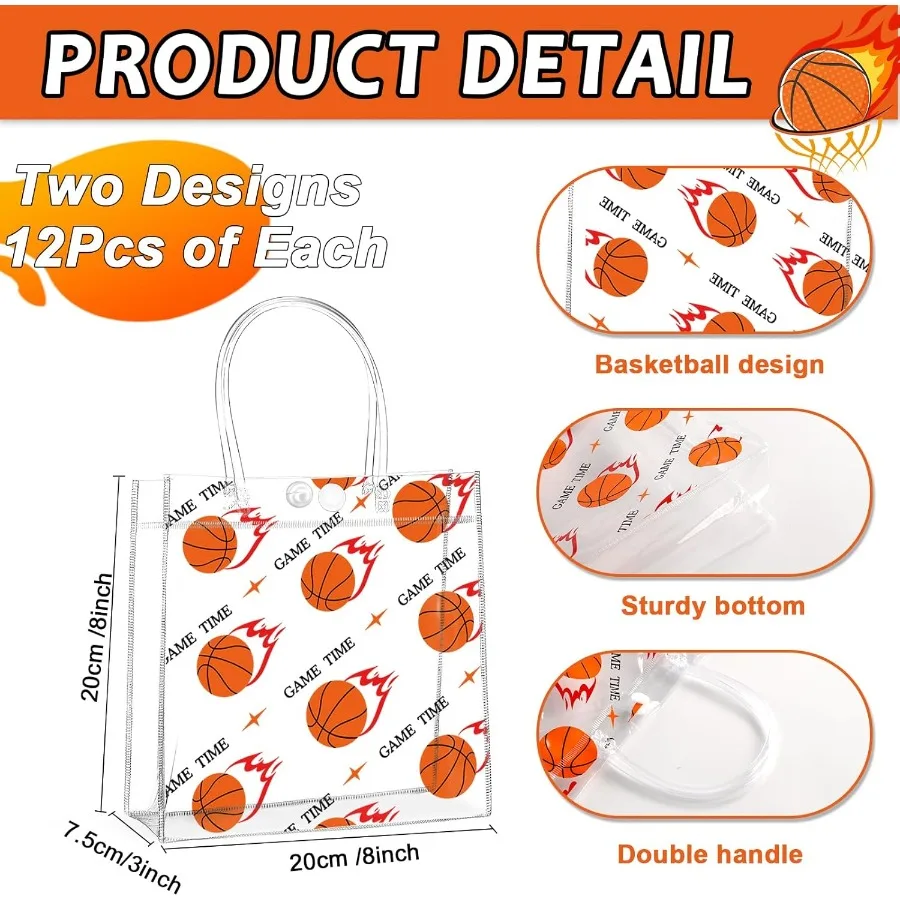 24개 농구공 투명 PVC 선물 가방 손잡이 포함 대량 8 x 8 x 3인치 스포츠 테마 간식 가방 농구팀 선물