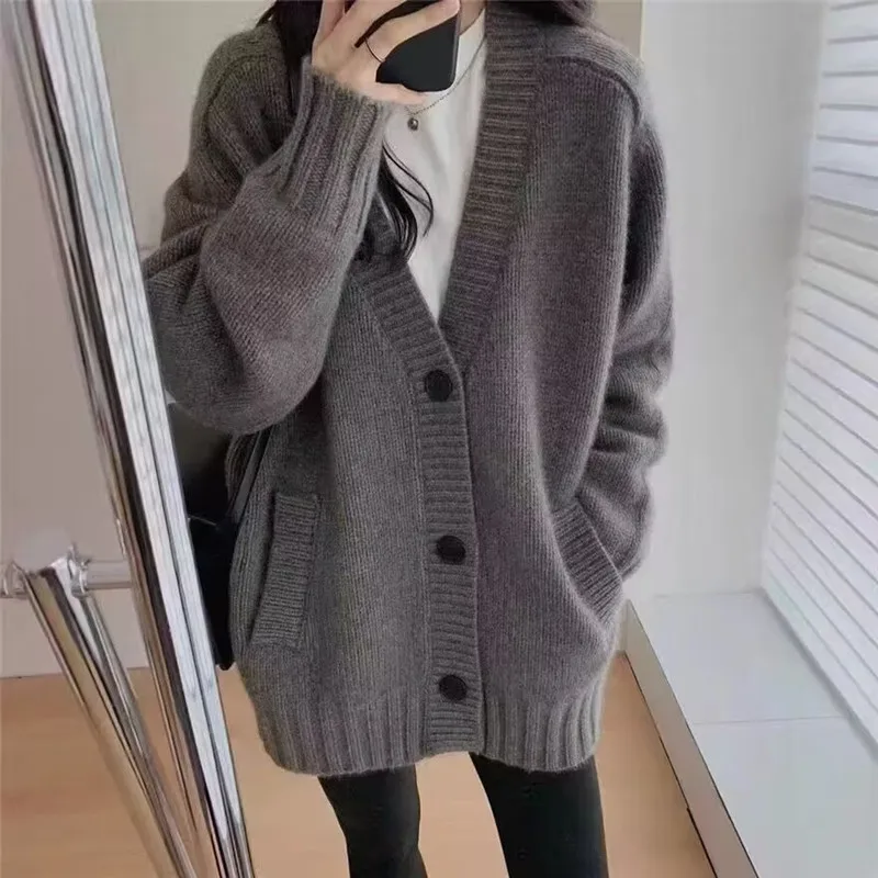 100% Pure Wool Knit Japanese Cardigan Women\'s 24 Autumn/Winter Korean Jacket Mid Length Coat Loose Large Cashmere Sweater Female