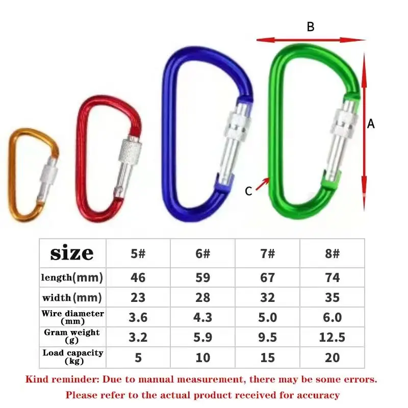 3/4/5/10pcs 5cm/6cm/7cm/8cm Aluminum Alloy Hook and Loop D-Shaped Mountain Climbing Buckle with Lock Color Key Lock Buckle