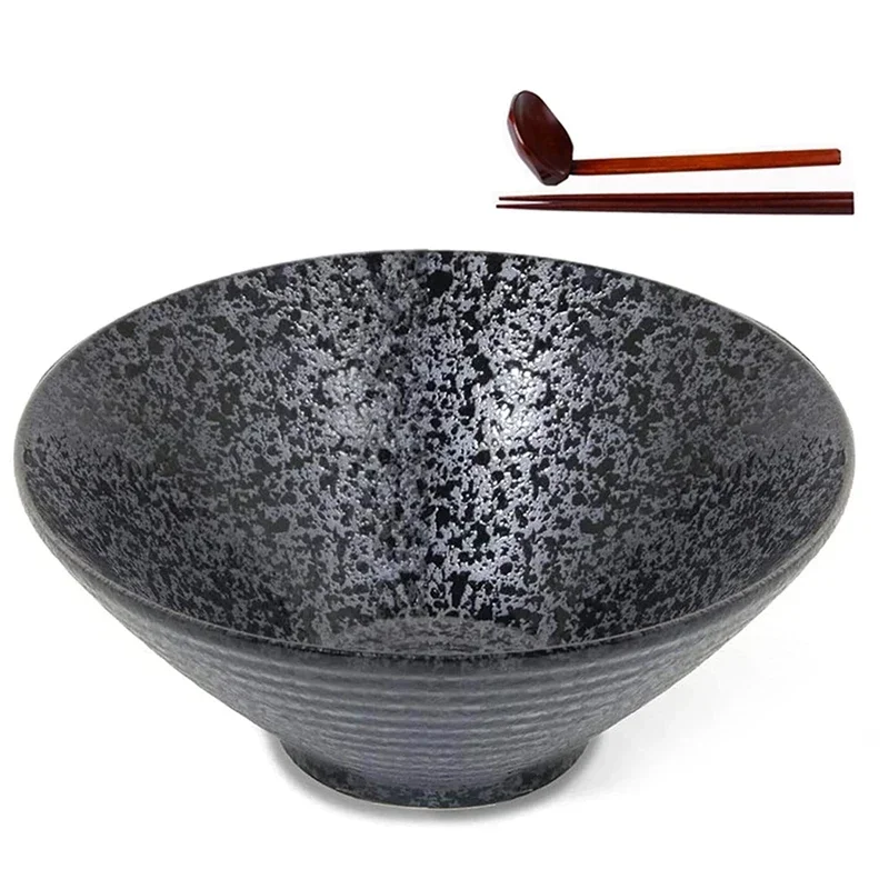 

Ceramic Japanese Ramen Soup Bowl with Matching Spoon and Chopsticks Suitable for Udon Soba Large Size