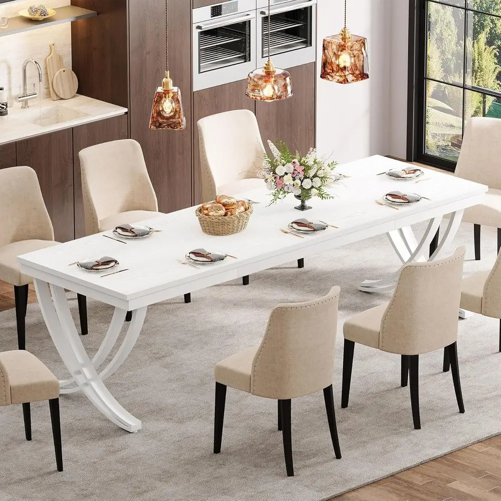 

78 Inch White Large Wooden Dining Table with Metal Legs for 6-8 People