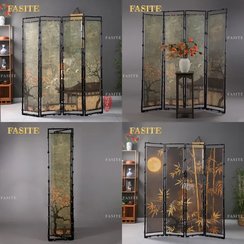 For New Chinese Style Bamboo Folding Screen Room Divider Landscape Painting Partition Wall for Tea Room Living Room Home