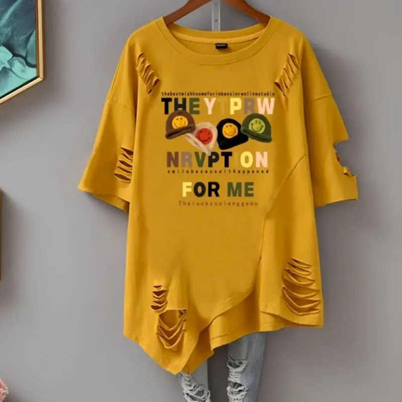 Fashion 100% Cotton T Shirt Women Literary Letter Print Short-sleeved T-shirt Women\'s Irregular Hem Bottoming Shirt Loose Summer