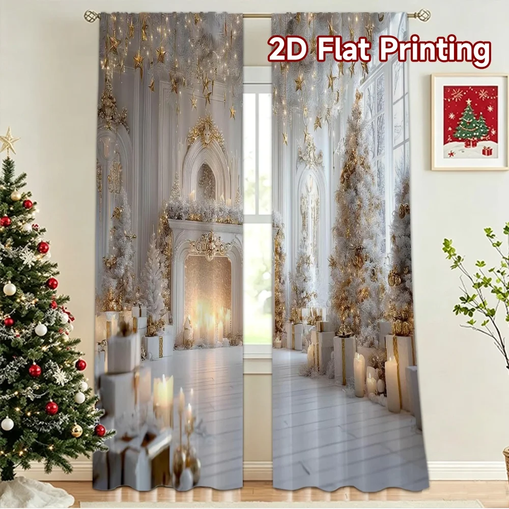 2D flat 2pcs Curtain Country Style Christmas White Gold Room Digitally printed polyester, colorfast Festive Curtains Perfect for