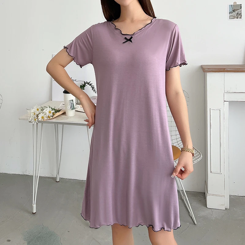 فستان نوم فضفاض من المودال للنساء، قميص نوم صيفي بمقاسات كبيرة، فستان منزلي بأكمام قصيرة وياقة على شكل V، تنورة متوسطة الطول ...