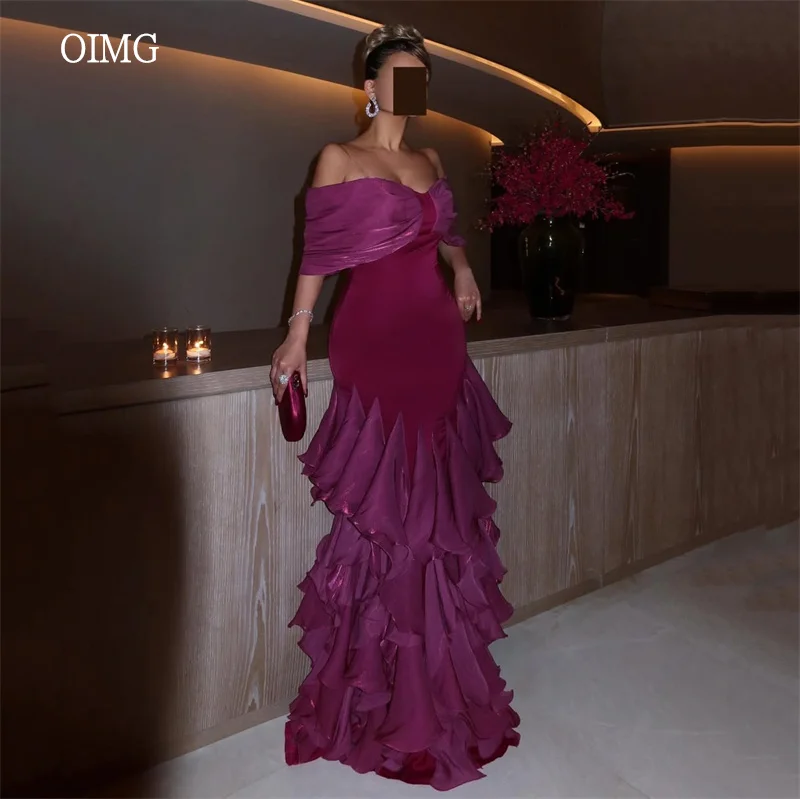 

OIMG Purple Shiny Off The Shoulder Mermaid Prom Gowns Backless Ruffled Party Gown Floor Length Evening Dress 2026 Customized