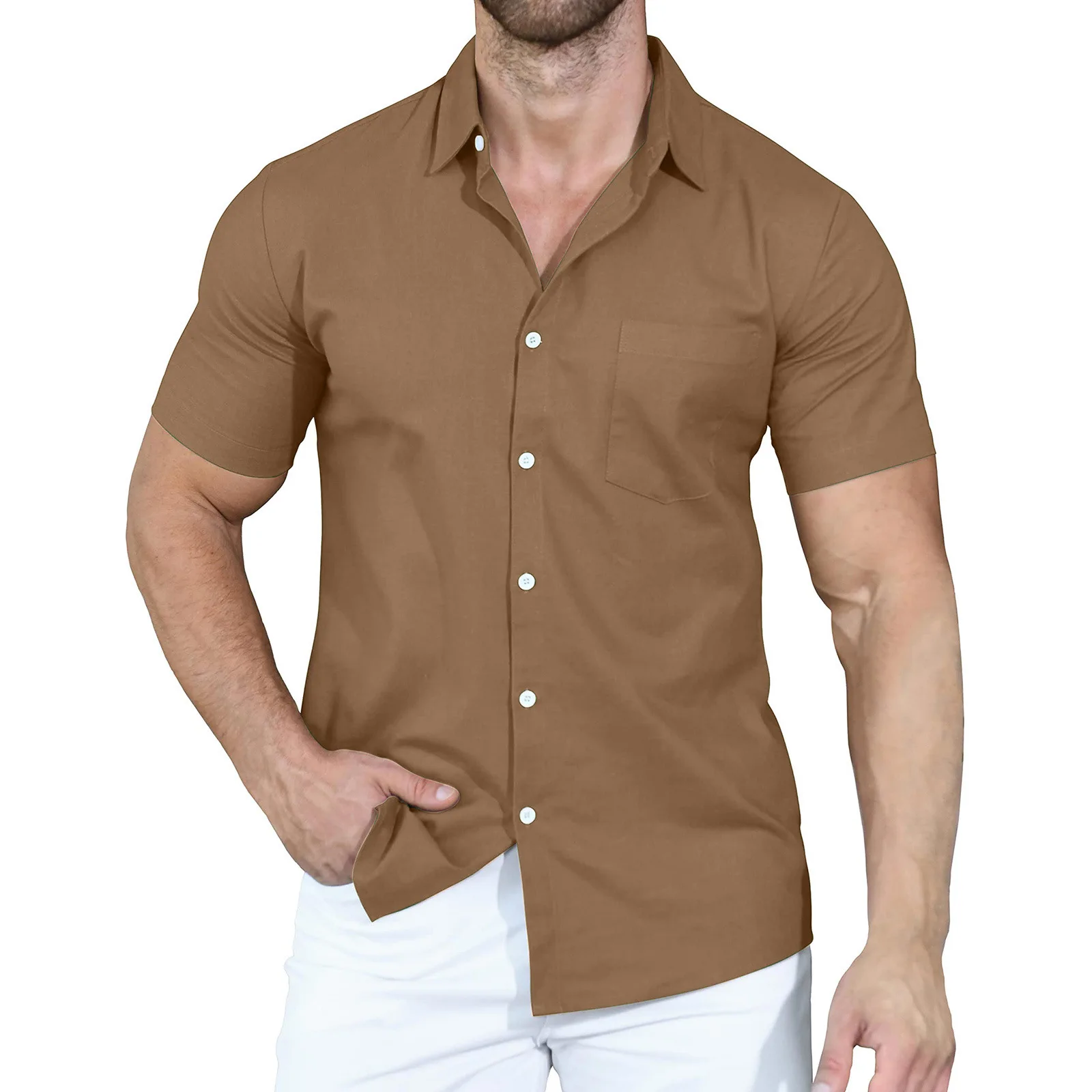 2023 Summer New Men\'s Shirts Cross border Solid Color Polo Button Loose Short Sleeve Shirt for Men