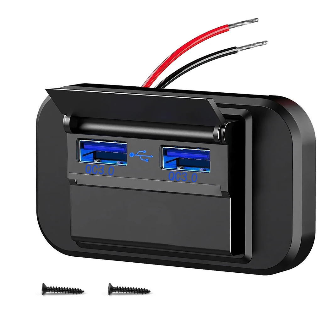 

Автомобильное зарядное устройство USB QC3.0 с быстрой зарядкой, встроенной розеткой и синей LED-подсветкой для модернизации интерьера автомобиля/фургона, с водонепроницаемой крышкой