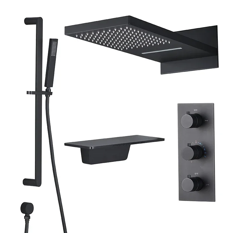 Constant temperature intelligent black concealed shower lift rod embedded in wall four-function waterfall bath shower