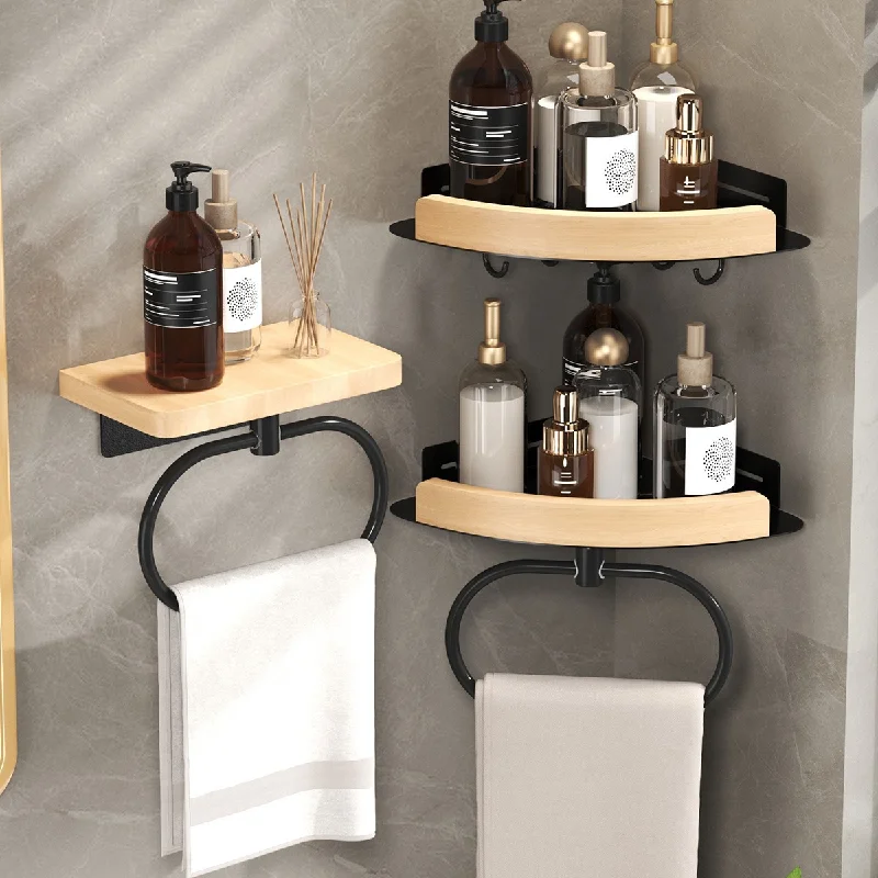 

Solid Wood Bathroom Wall Shelf with Towel Ring and Hooks, No Drill Adhesive Mounted Storage Rack for Shower, Toilet, Kitchen