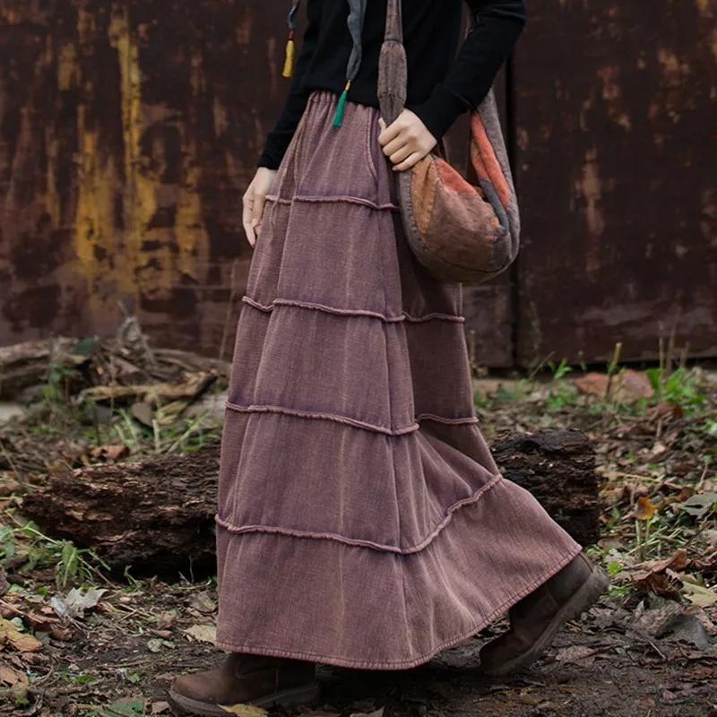 High Waist Cotton Linen Casual Skirt Women New 2024 Winter Vintage Style Solid Color Loose Female Thick Warm A-line Skirts M148