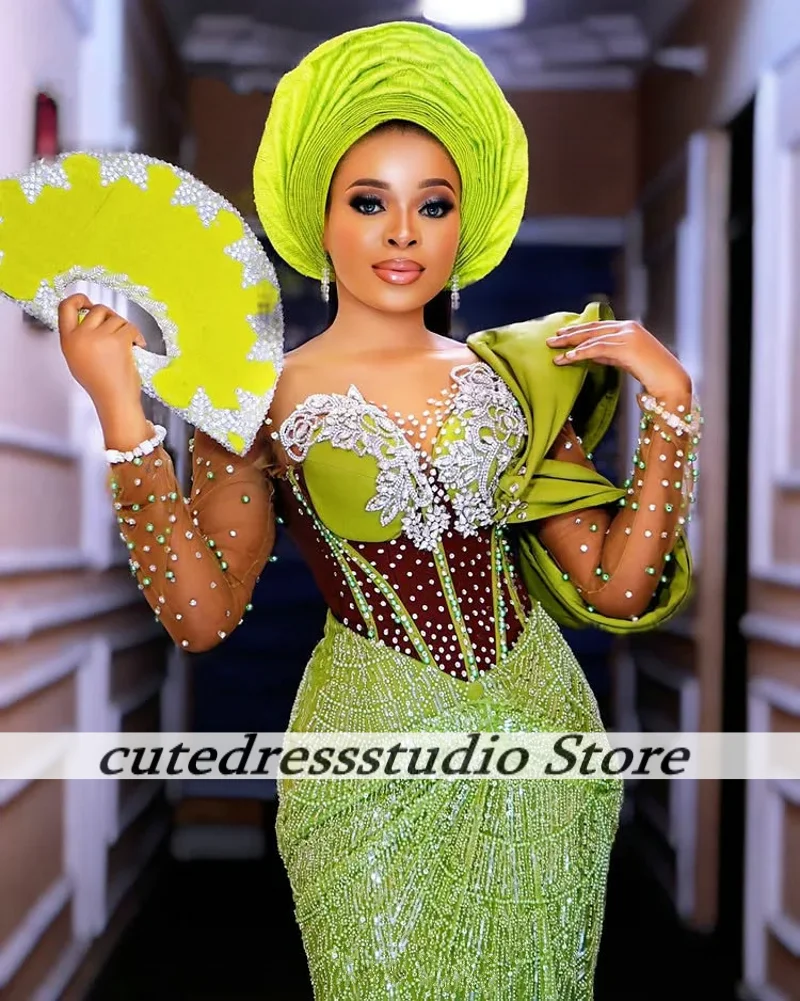 Green Yellow African Formal Long Mermaid Evening Dresses Sparkly Sequins Aso Ebi Nigerian Wedding Prom Party Gowns Customized