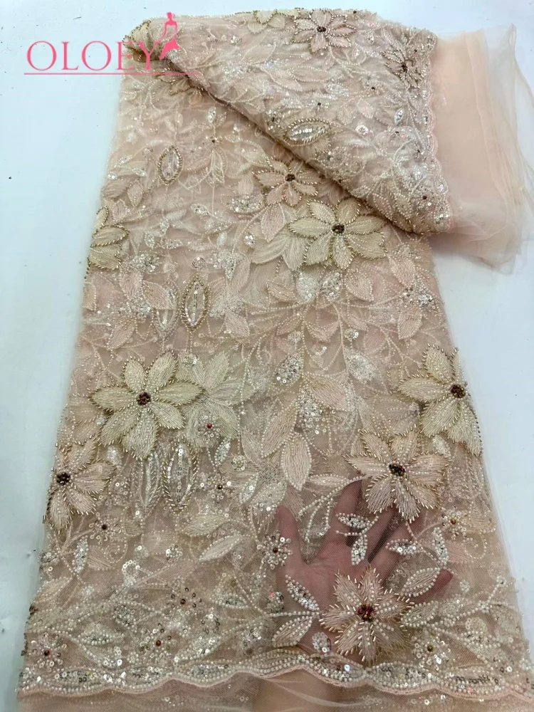 

OLOEY Luxury African Sequins Beaded Lace Fabric High Quality Lace 5 Yards Heavy French Lace Fabric Nigerian Lace Fabrics