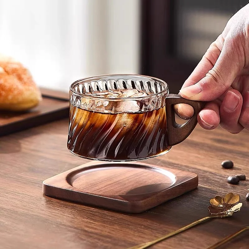 230ML Twisted Stripe Pattern Glass Coffee Cup With Wooden Tray Spoon Latte Coffee Mug Reusable Barista Coffee Tools