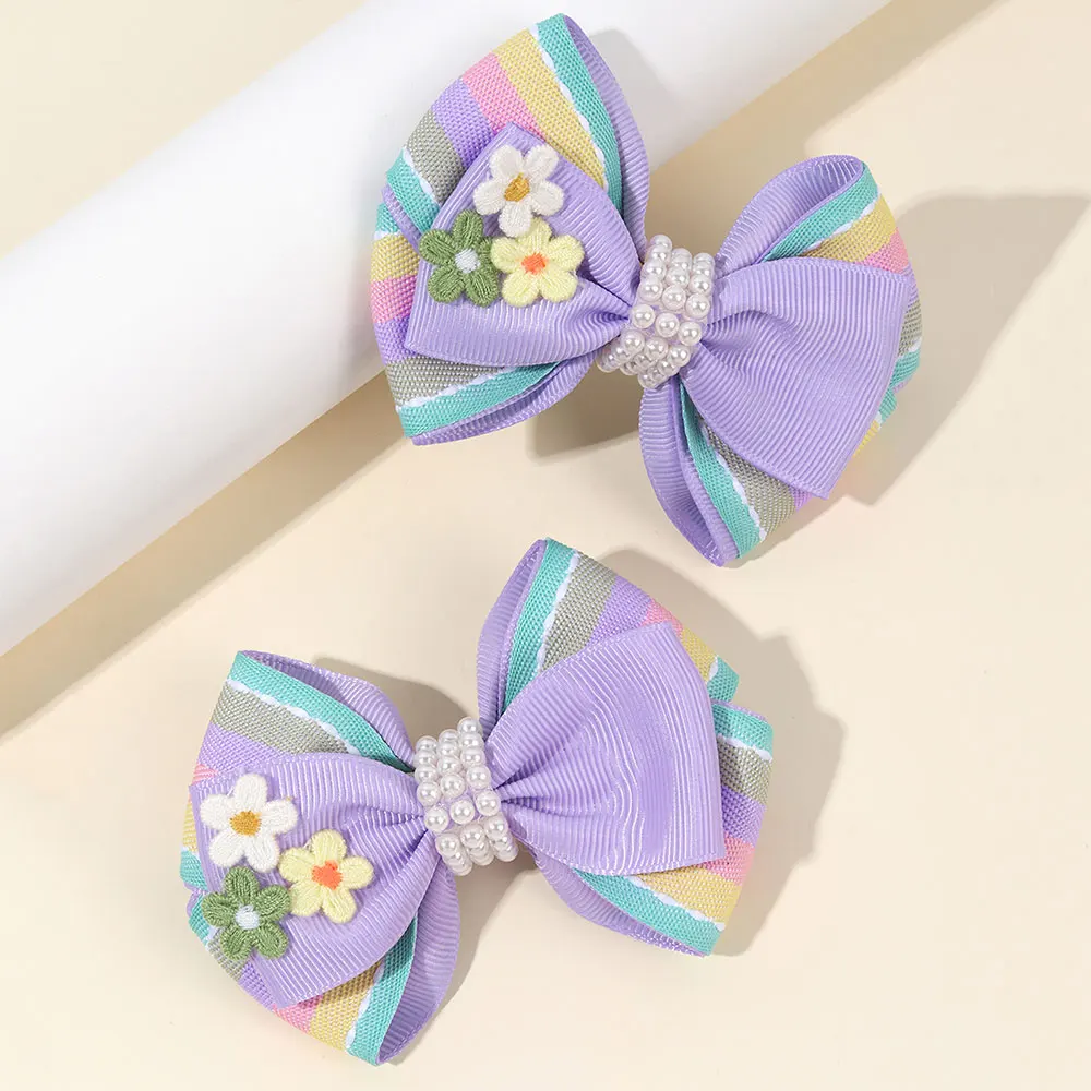 2Pcs Rainbow Ribbon Hairpin Romantic Floral Bow Hair Clip Fashion Pearl Barrettes Headwear Sweet Party Hair Accessories