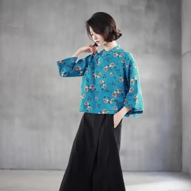 

Women's Chinese Style Linen Shirt Mandarin Collar Frog Button Floral Print 3/4 Sleeve Blouse Vintage Ethnic Casual Tops