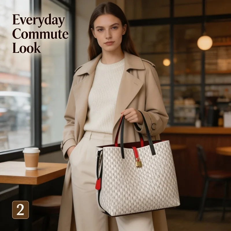 CHHC Women Classic Letter Monogram Tote Bag Faux Leather Metal Lock Decor Large Capacity Top Handle Shoulder Handbag