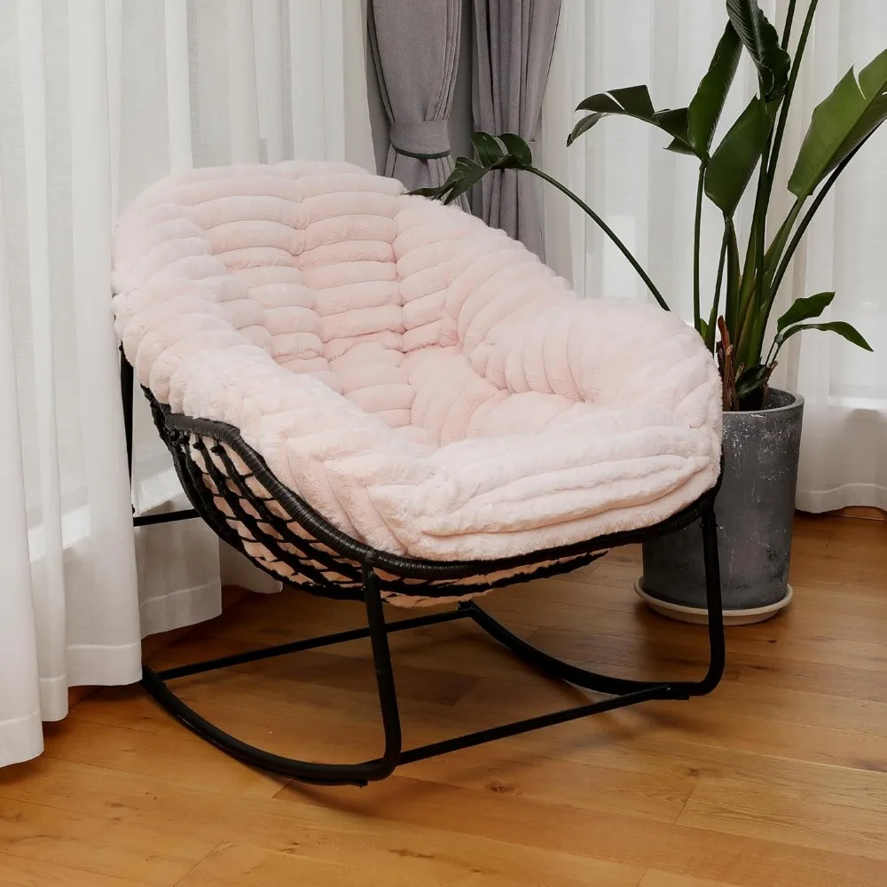 Outdoor Rocking Chair, Patio Wicker Egg Chair, Indoor Comfy Oversized Papasan Chair with Padded Cushion, Royal Rattan Rocker for