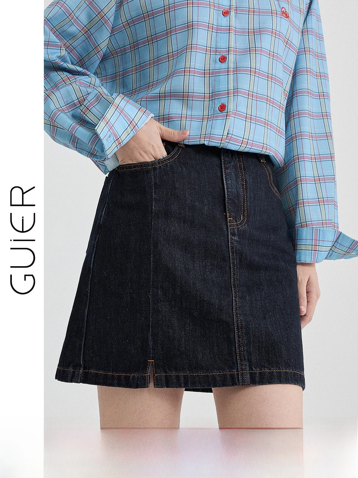 

Guier Denim A-Line Skirt Women's High Waist Slim Fit ort Skirt Spring 2026 New Sle Retro Bright Stitching Bodycon Skirt