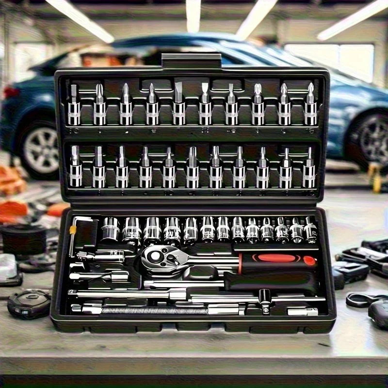 

46Pcs Automotive Tool Set, Carbon Steel Ratchet Wrench & Socket Tool Chest, Sturdy Metal Home Tool Kit for Mechanic and DIYer