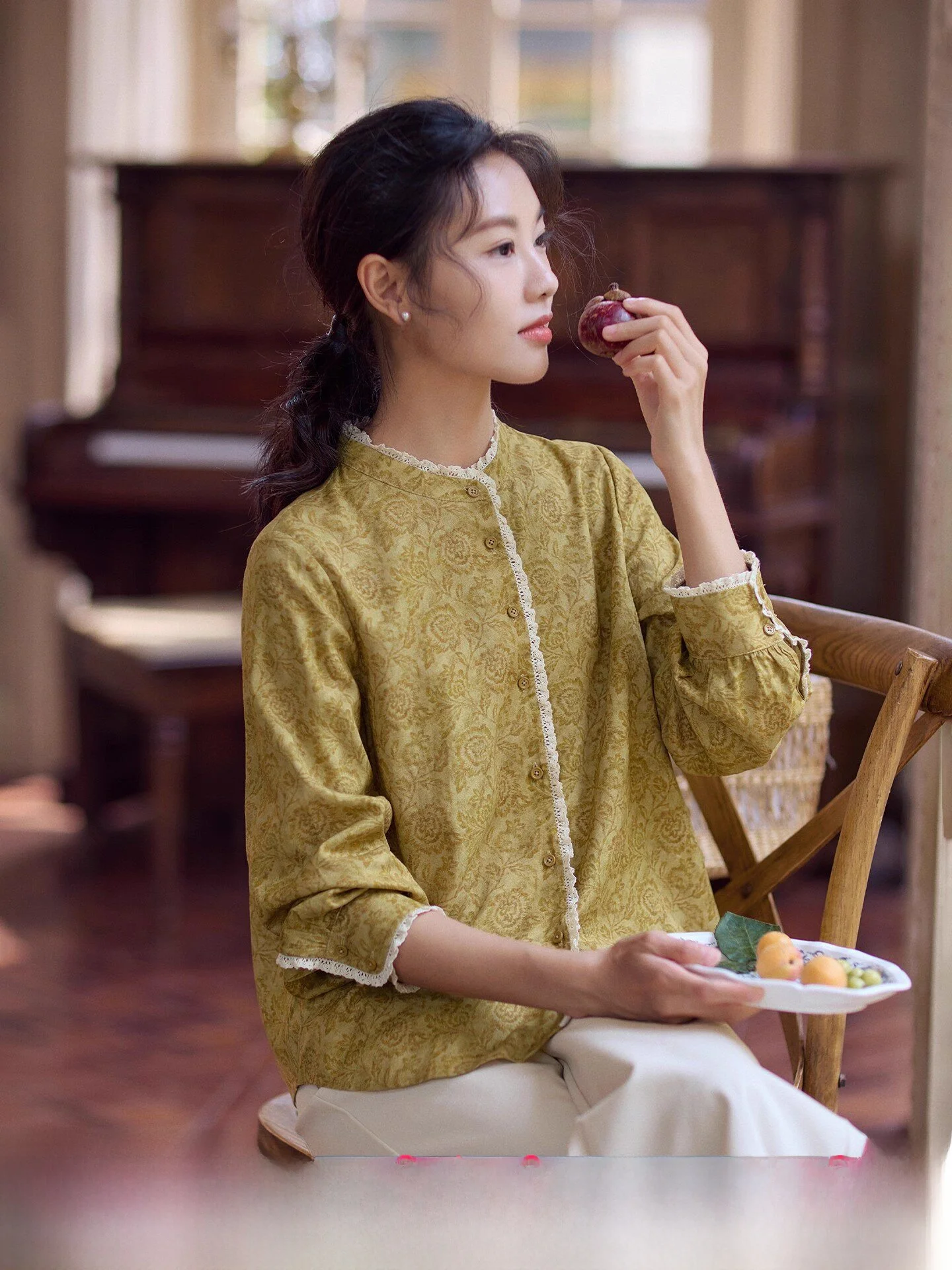 

Red Yellow Silk Linen Printed Long Sve Loose Women's irt Autumn Faion Artistic Sle Comfortable Breathable Top