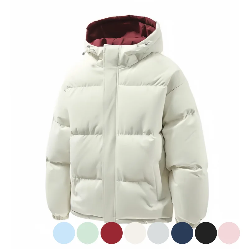 Autumn and Winter Thickened Hooded Cotton Jacket, Loose-Fitting Puffer Coat, Contrasting Color Lining Design, Adjustable Drawstring Hem, Windproof and Warm Casual Outerwear